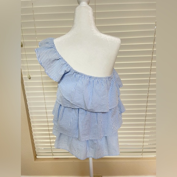 Super Cute ‘BiBi’ Blue White Stripe Gingham One Shoulder Top- Small - Picture 11 of 15